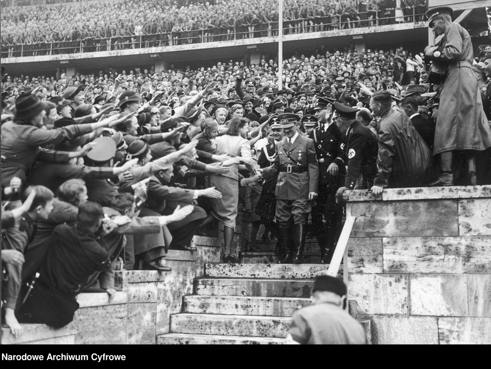 Adolf Hitler in Berlin's Olympic Stadium after his speech to 132 000 Hitler Youth and Maidens